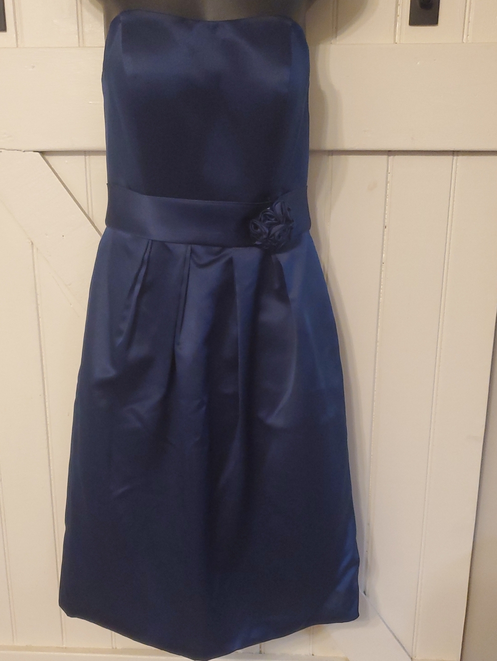 Navy Blue Satin Party Dress with Floral Waist Detail
